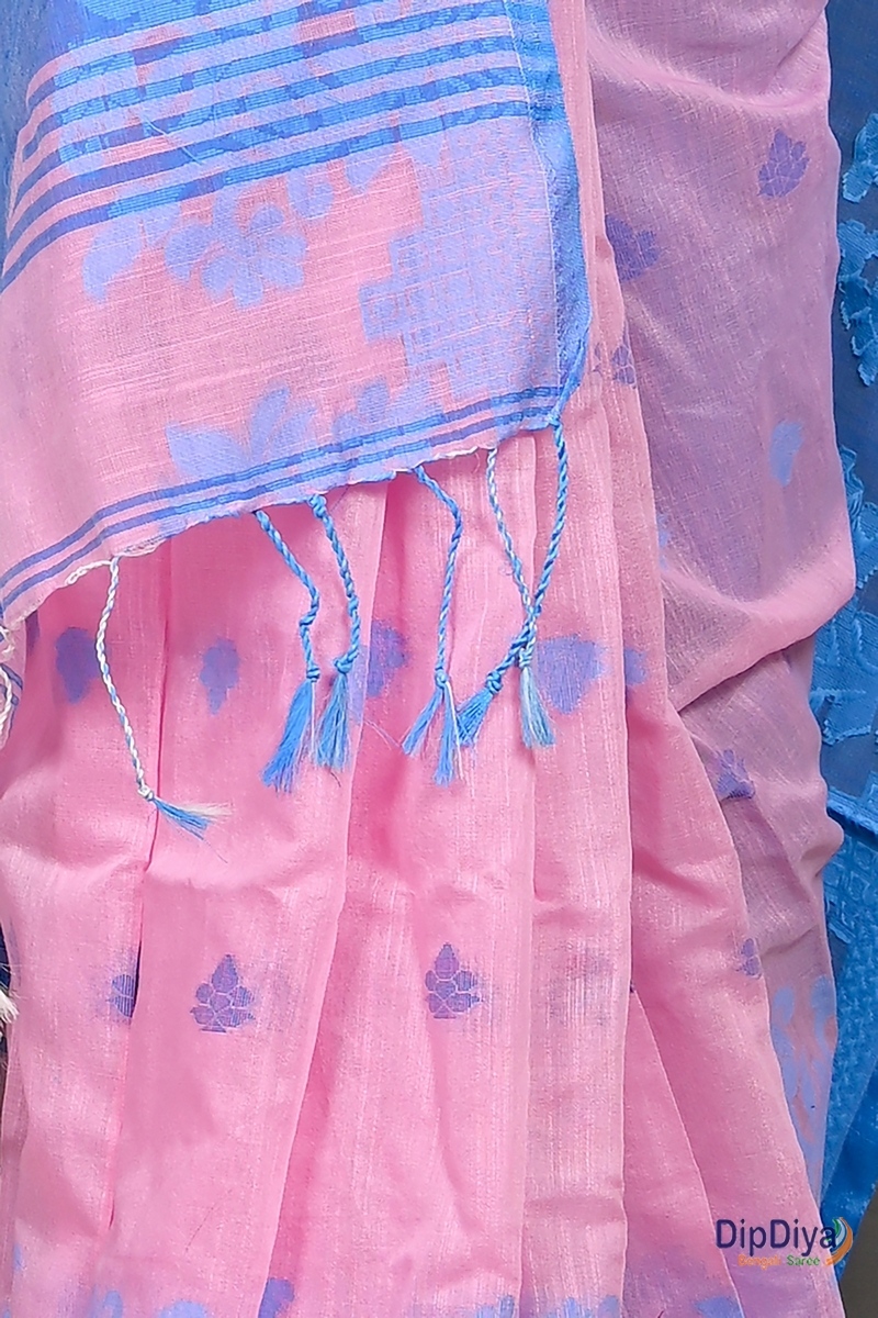 Pink Blue Cotton Blended Parup Hand Loom Saree (558)